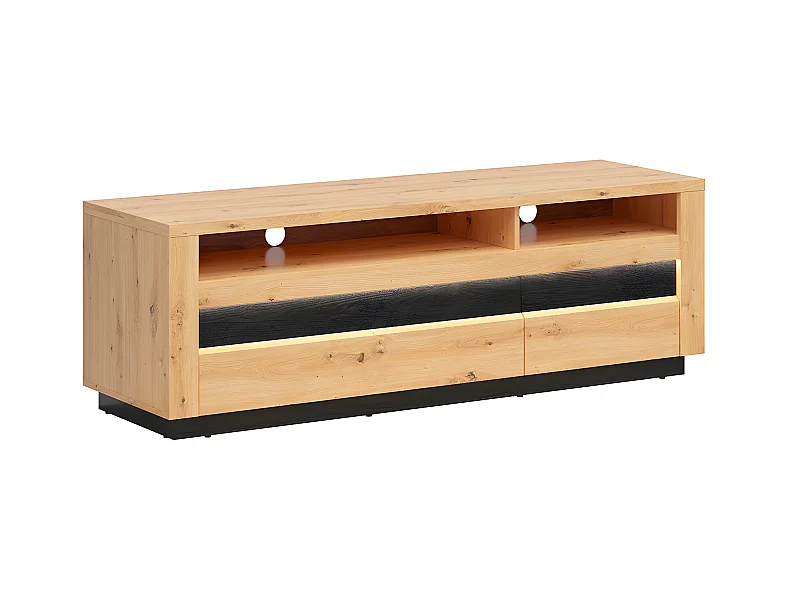 Meuble TV 2 tiroirs 2 niches 161 cm avec LED Glenn Bois et Noir