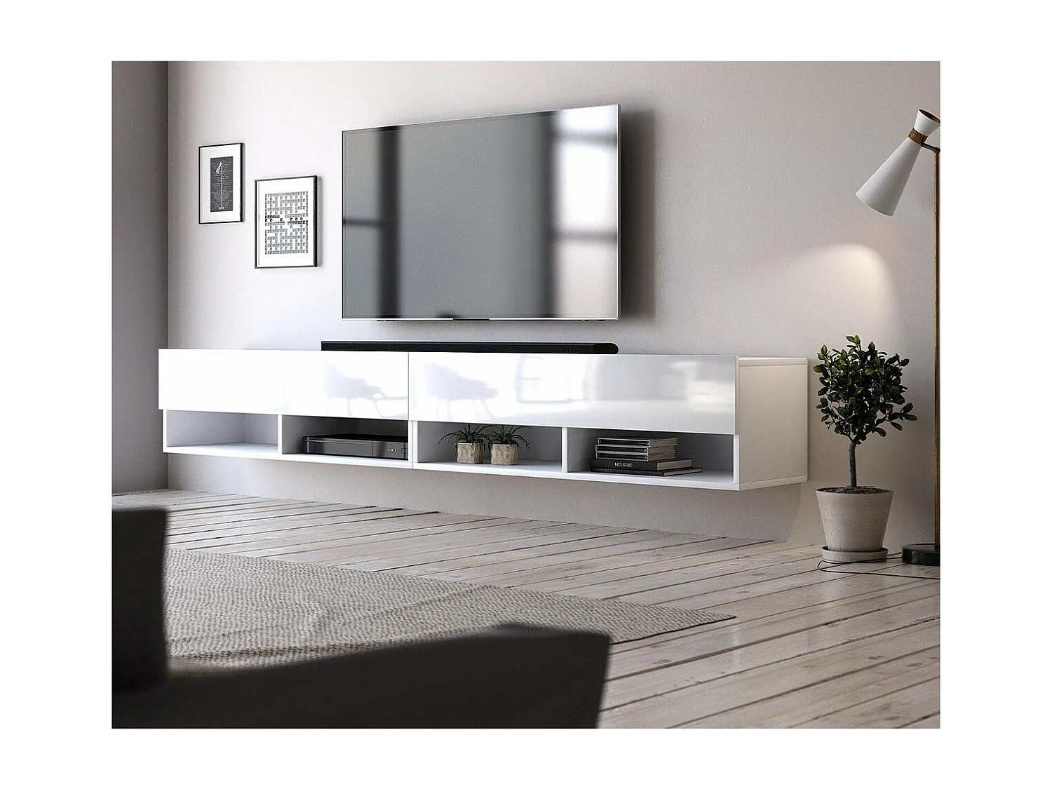 Meuble TV suspendu 4 niches 4 portes - L200 cm