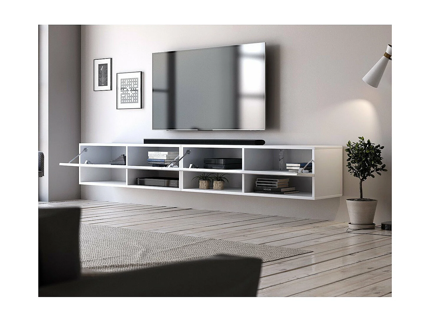 Meuble TV suspendu 4 niches 4 portes - L200 cm