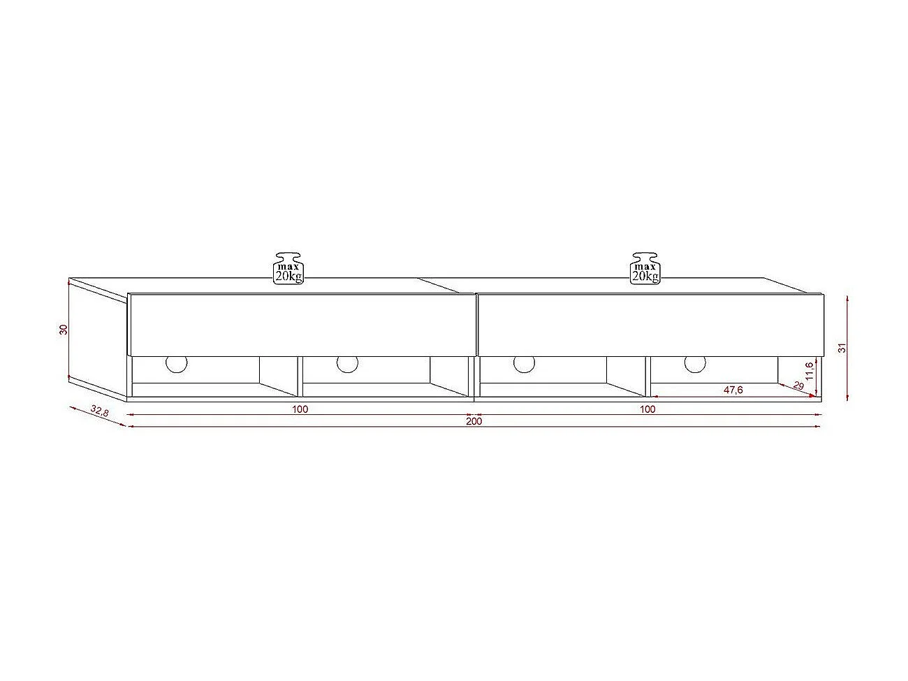 Meuble TV suspendu 4 niches 4 portes - L200 cm