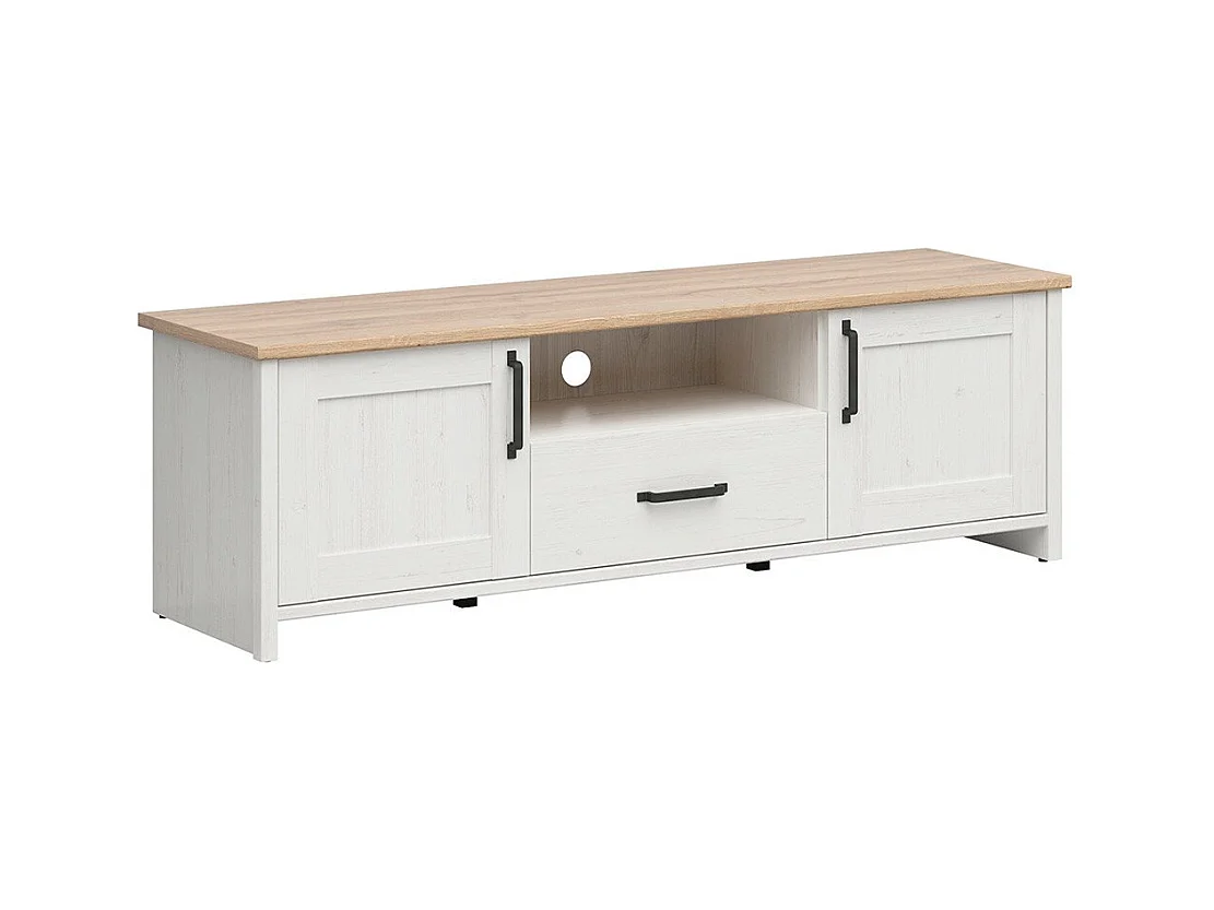 Meuble TV 2 portes 1 tiroir 160 cm Aksel Blanc et Bois
