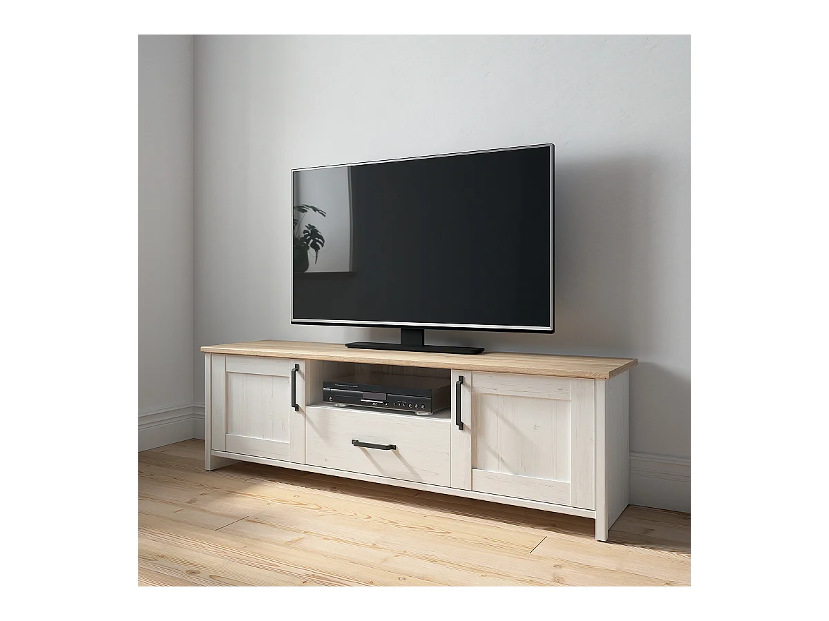 Meuble TV 2 portes 1 tiroir 160 cm Aksel Blanc et Bois