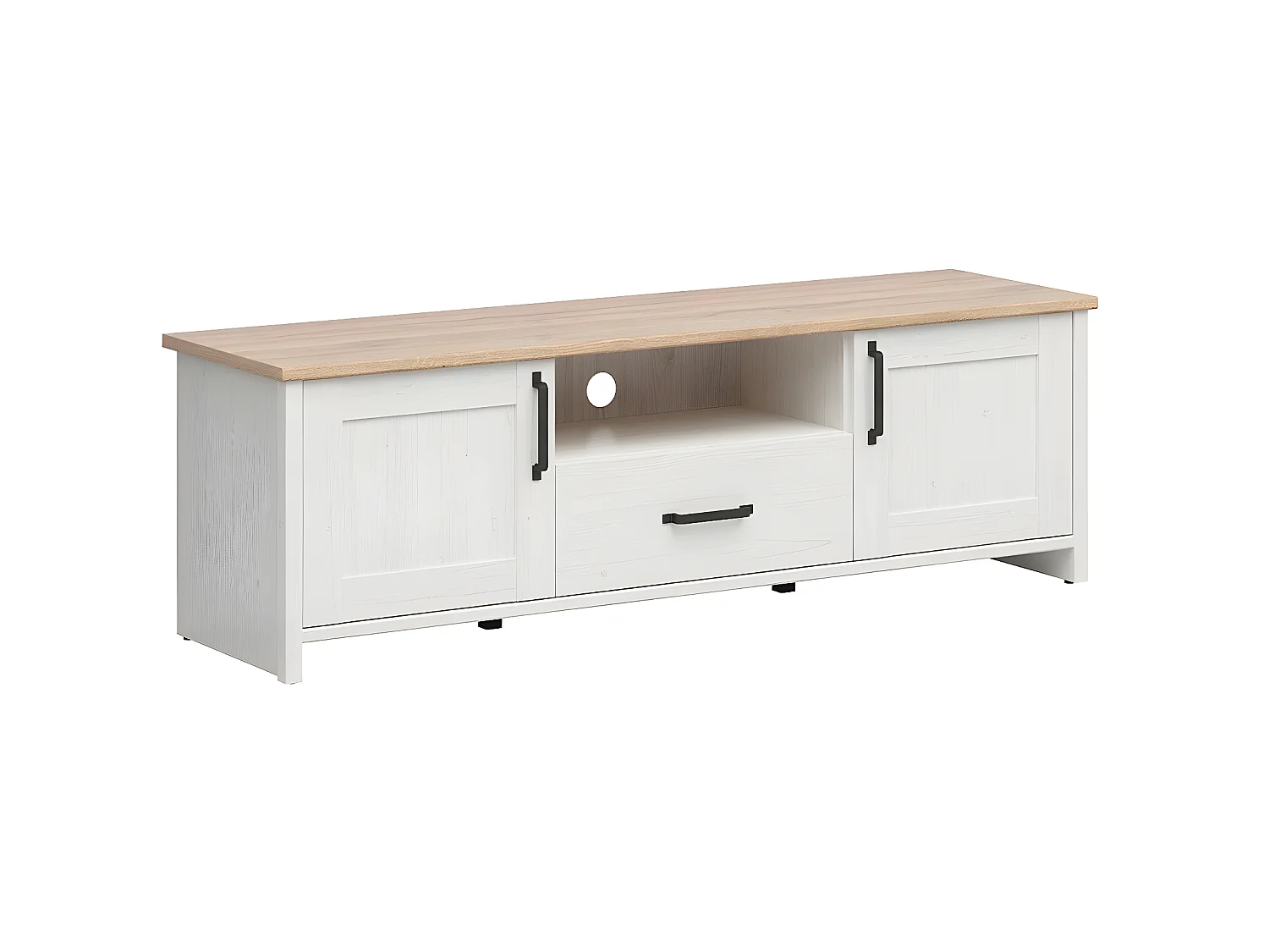 Meuble TV 2 portes 1 tiroir 160 cm Aksel Blanc et Bois