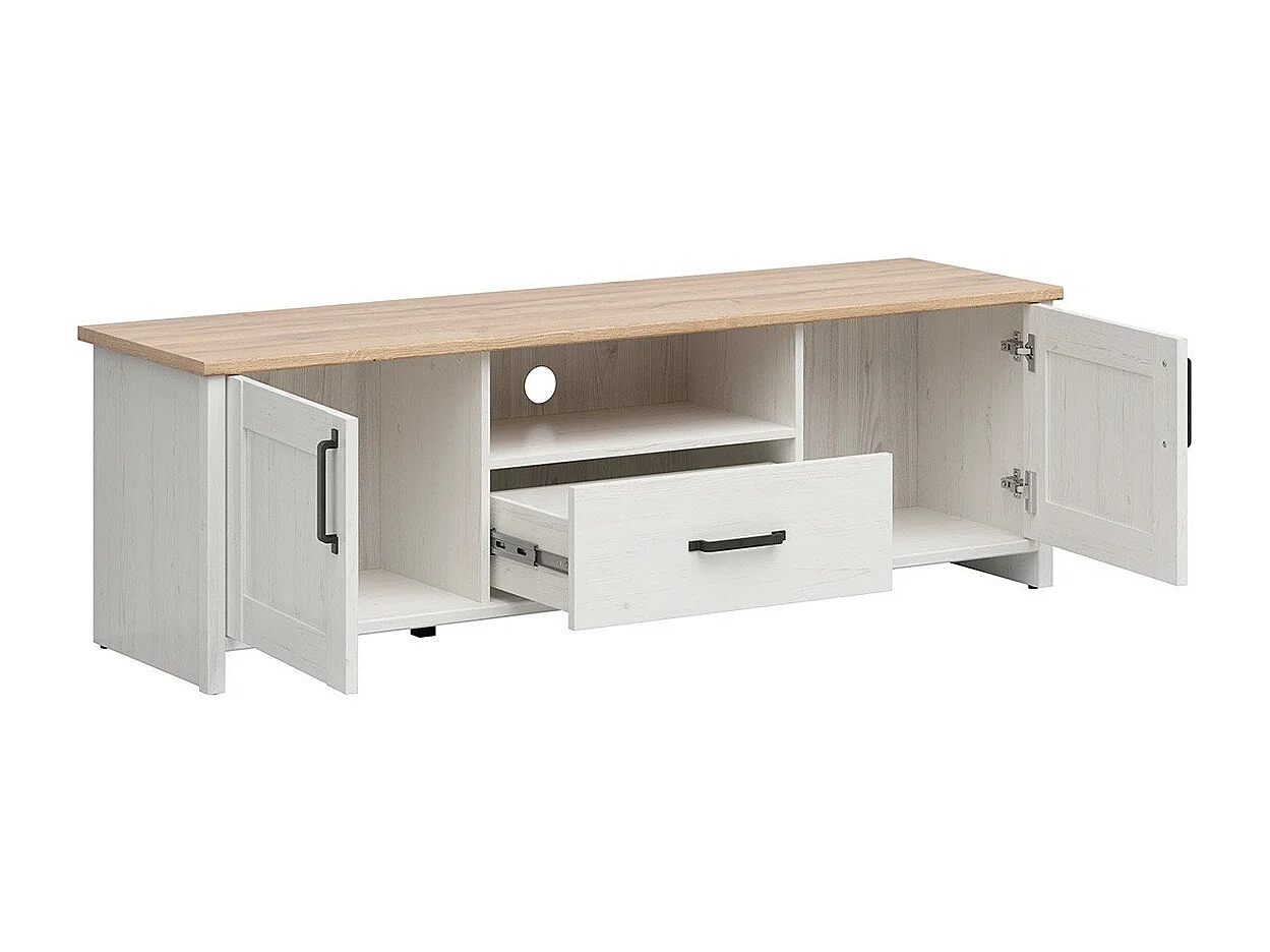 Meuble TV 2 portes 1 tiroir 160 cm Aksel Blanc et Bois