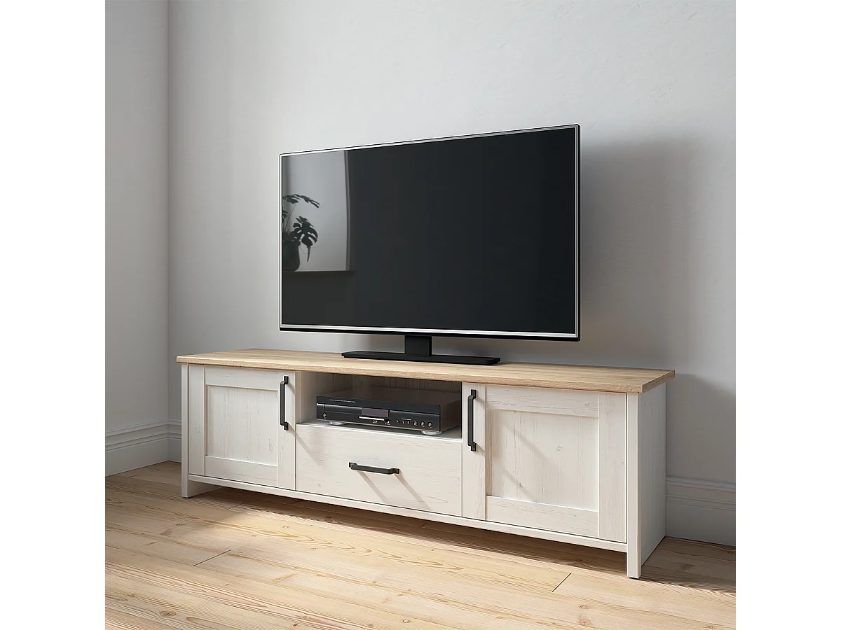 Meuble TV 2 portes 1 tiroir 160 cm Aksel Blanc et Bois
