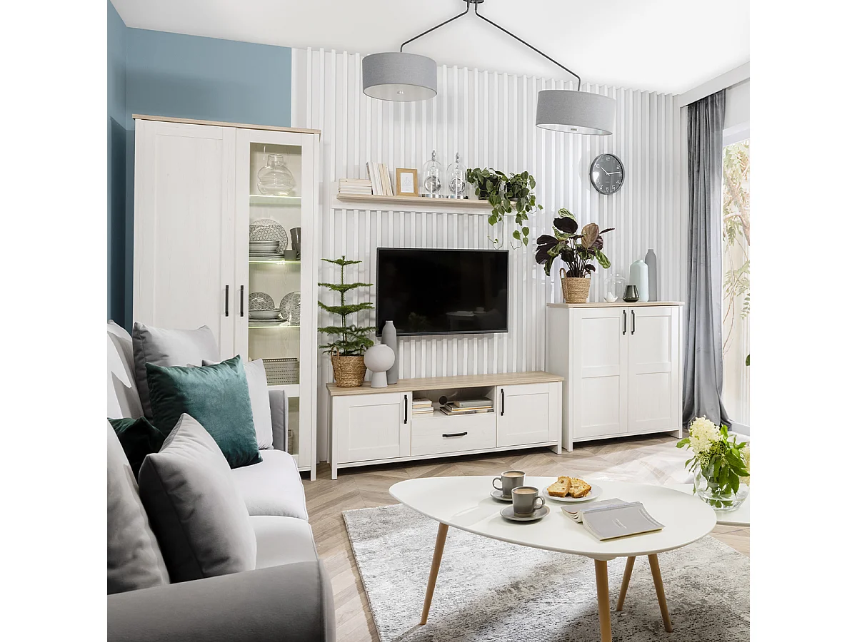 Meuble TV 2 portes 1 tiroir 160 cm Aksel Blanc et Bois