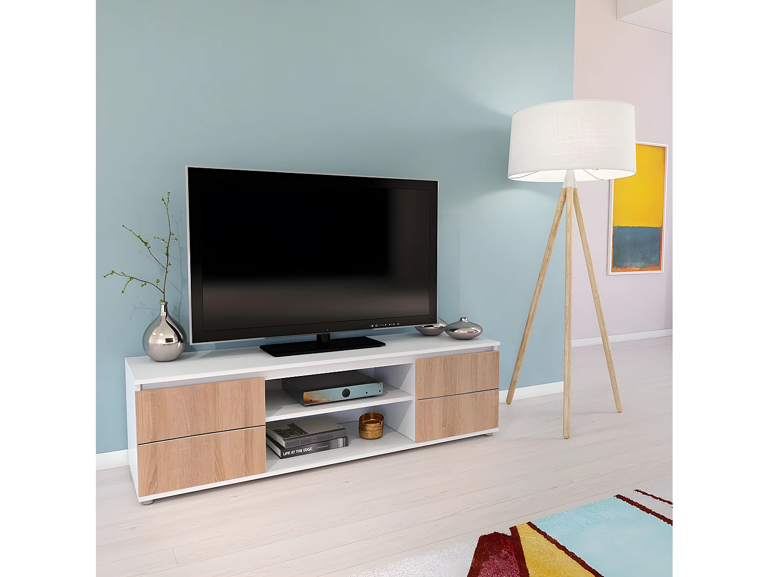 Meuble TV/Vidéo COMO 140cm 2 portes + 1 niche / Décor Blanc et Chêne Blanchi