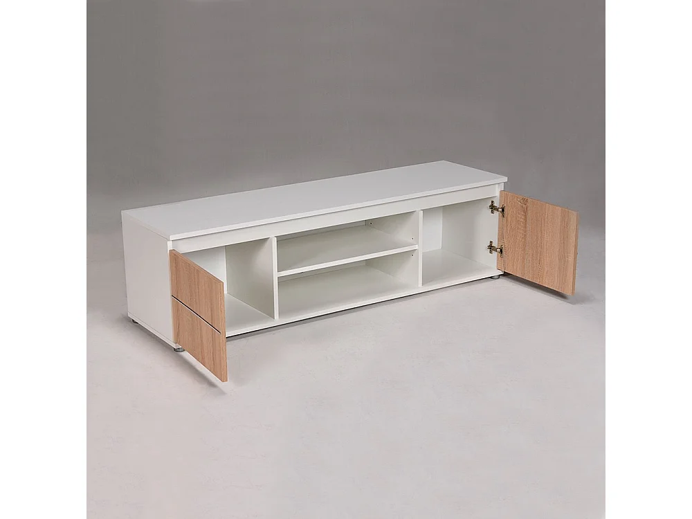 Meuble TV/Vidéo COMO 140cm 2 portes + 1 niche / Décor Blanc et Chêne Blanchi