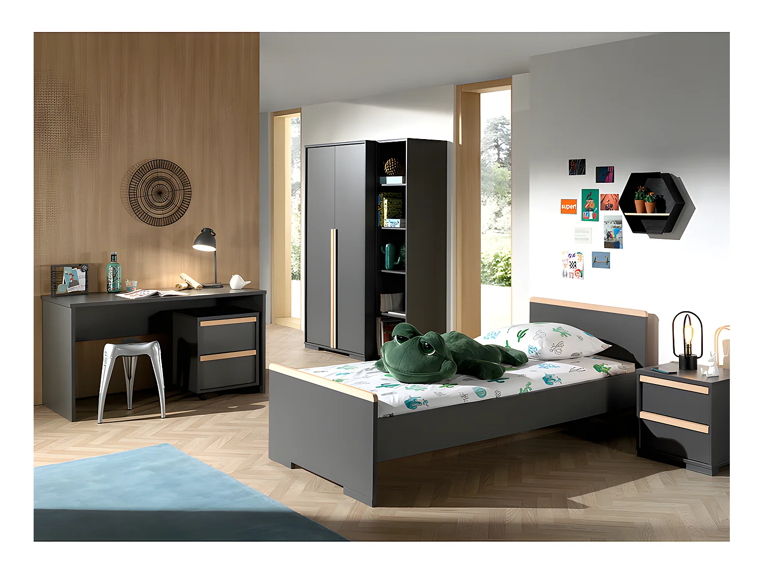 Chambre Complète Enfant 6P "London II" Gris Anthracite