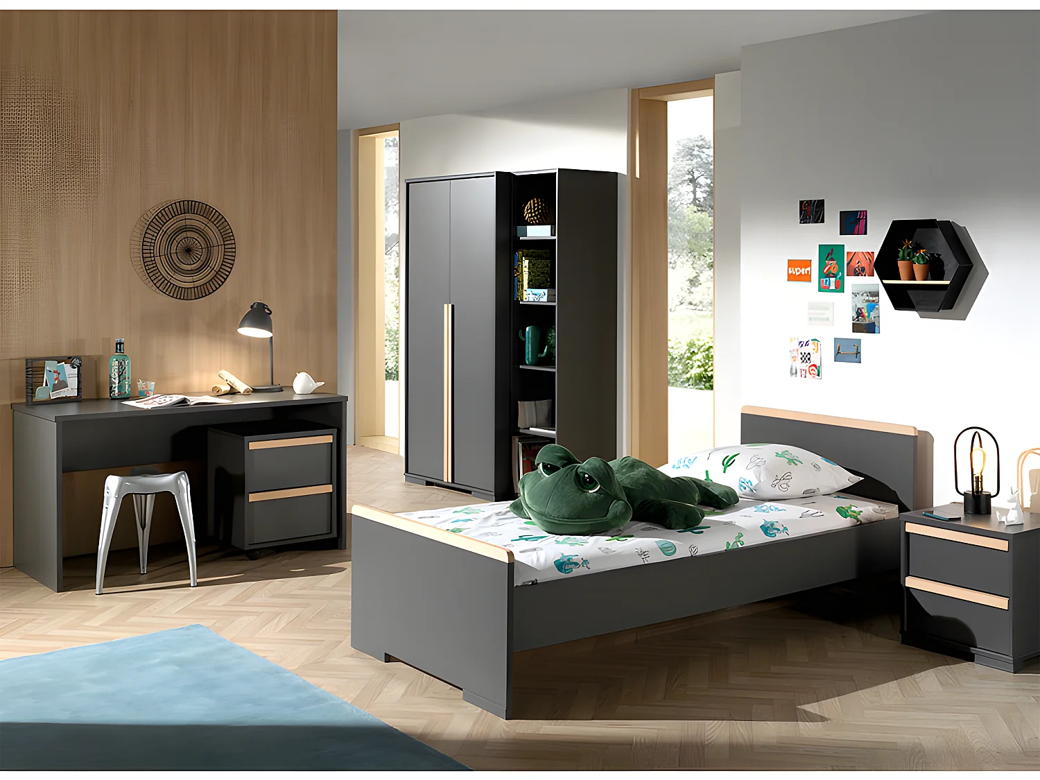 Chambre Complète Enfant 6P "London II" Gris Anthracite