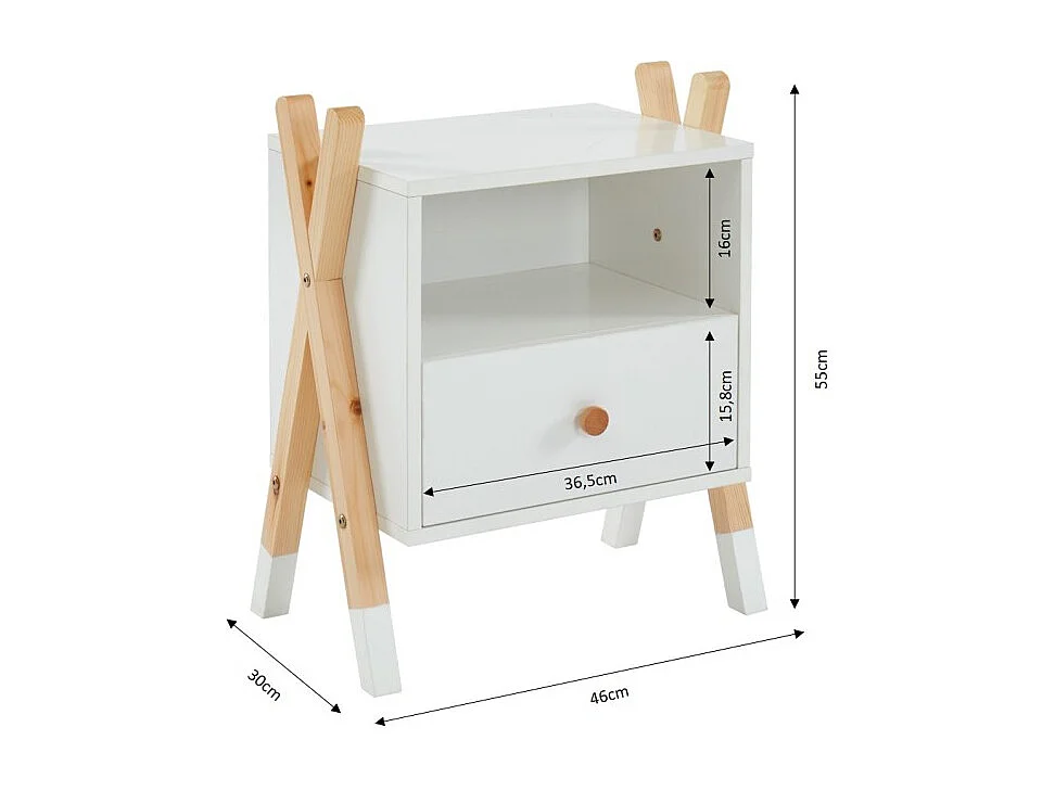 Table de chevet TIPI blanc et pin massif 46cm
