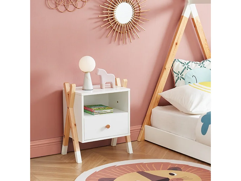 Table de chevet TIPI blanc et pin massif 46cm