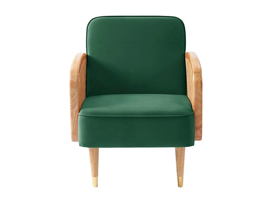 Fauteuil LEA cannage et velours vert avec piètement bois