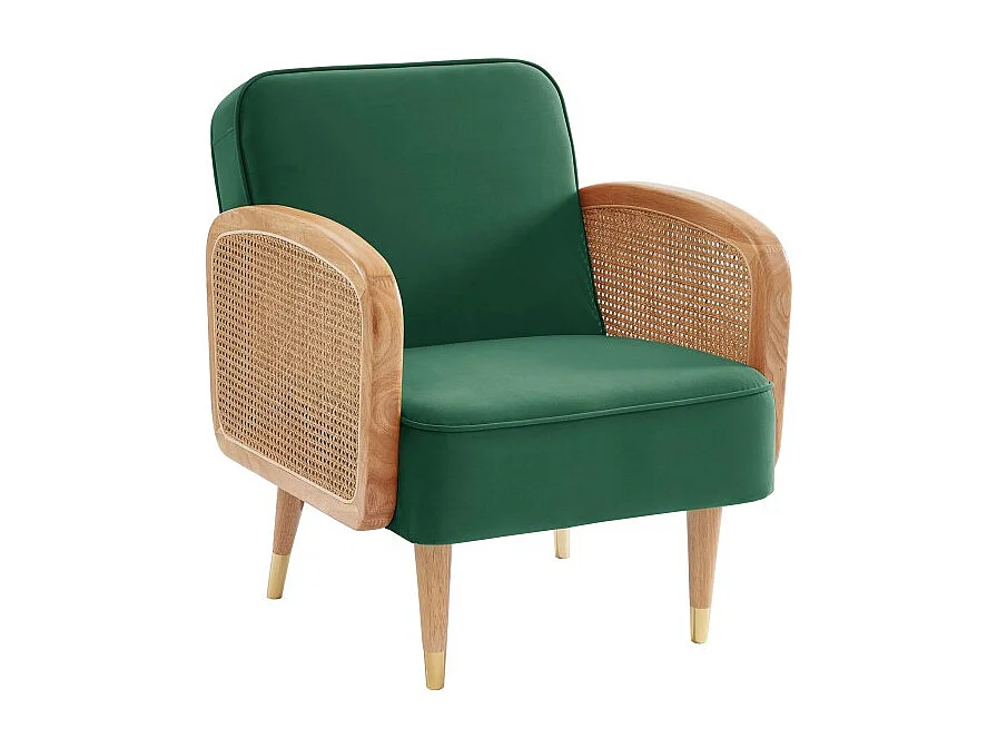 Fauteuil LEA cannage et velours vert avec piètement bois