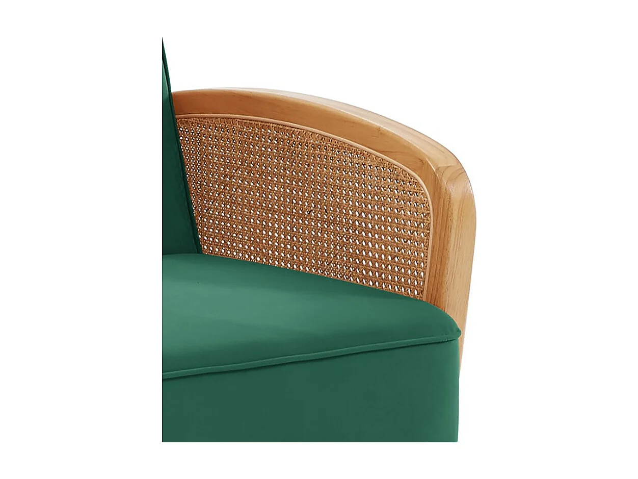 Fauteuil LEA cannage et velours vert avec piètement bois