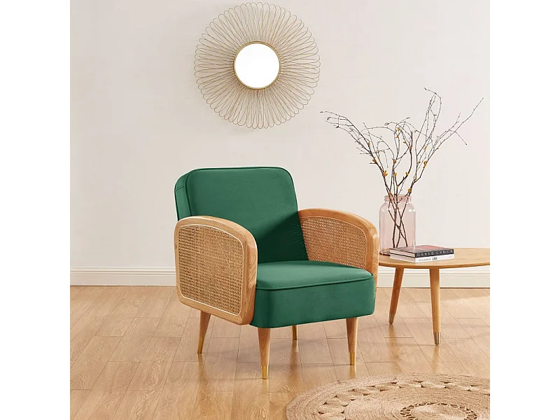 Fauteuil LEA cannage et velours vert avec piètement bois