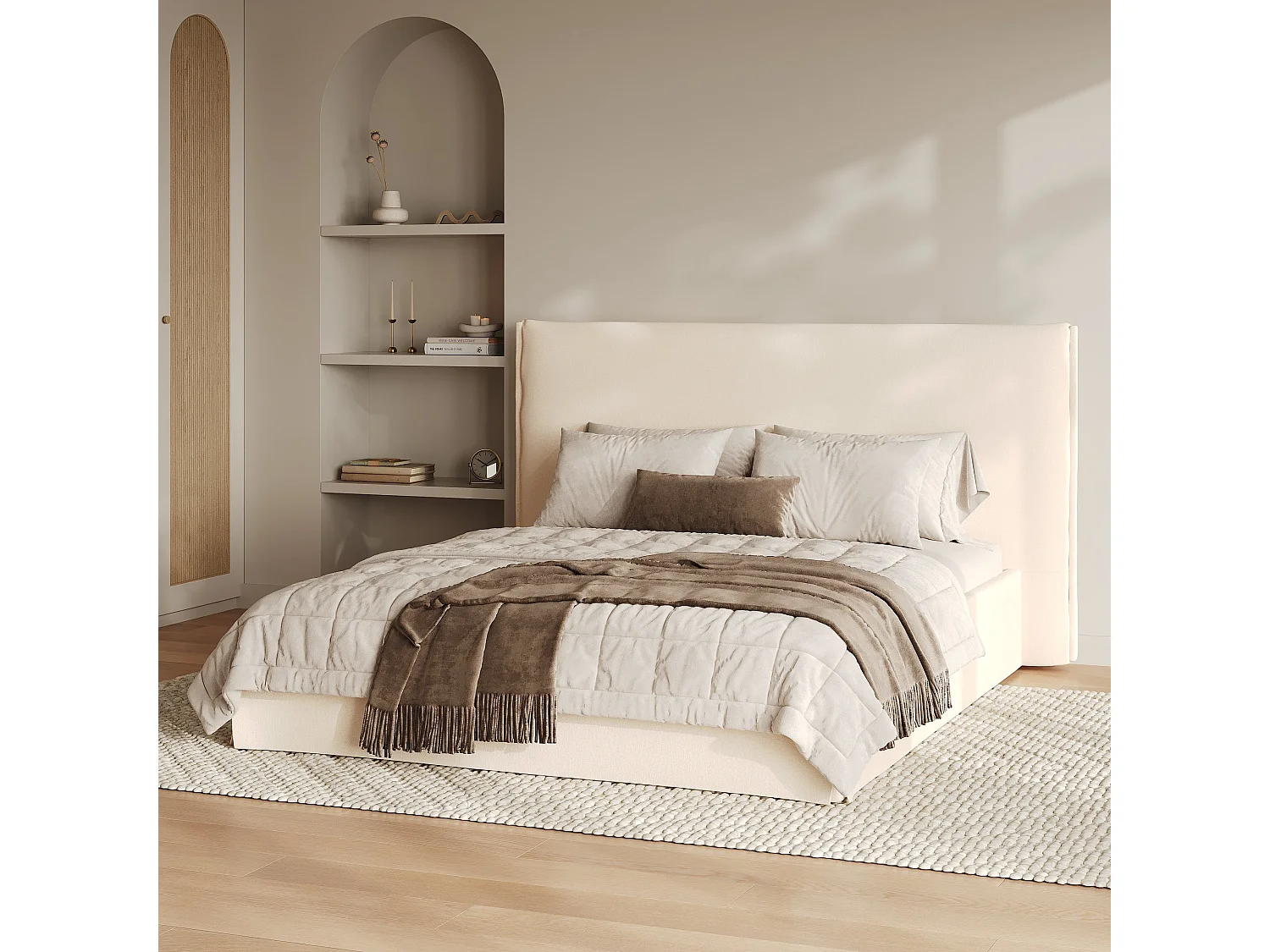 Lit coffre 160x200 cm en tissu blanc déhoussable - Safia