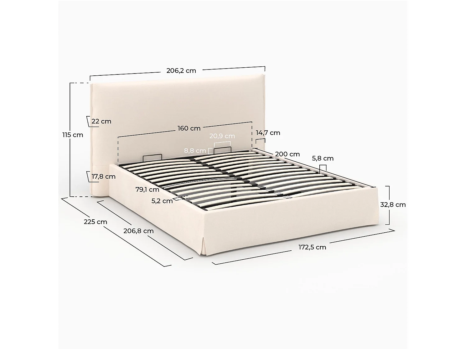 Lit coffre 160x200 cm en tissu blanc déhoussable - Safia