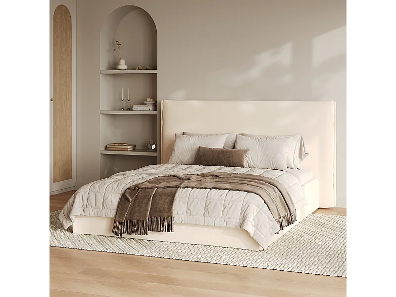 Lit coffre 160x200 cm en tissu blanc déhoussable - Safia