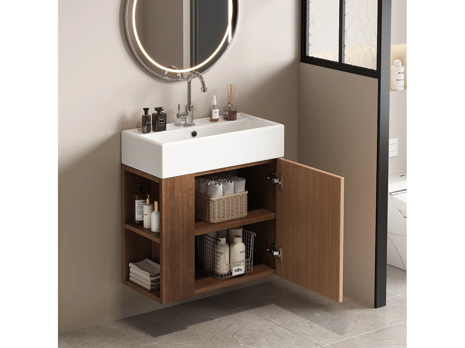 Szafka łazienkowa wisząca z umywalką - 55 x 31 x 66,5 cm - z 1 drzwiami i półką - MDF - brązowa