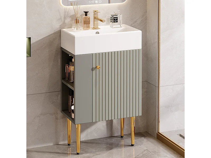 Meuble de salle de bain avec vasque - 55 x 31 x 91.5 cm - avec 2 tiroirs - MDF - gris + blanc