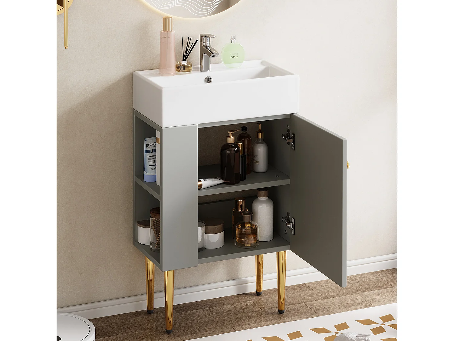 Meuble de salle de bain avec vasque - 55 x 31 x 91.5 cm - avec 2 tiroirs - MDF - gris + blanc