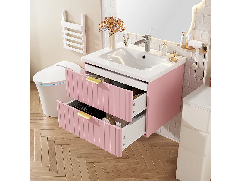 Meuble mural salle de bain avec vasque en céramique - 60.5 x 47.5 x 47 cm - avec 2 tiroirs - MDF -  rose