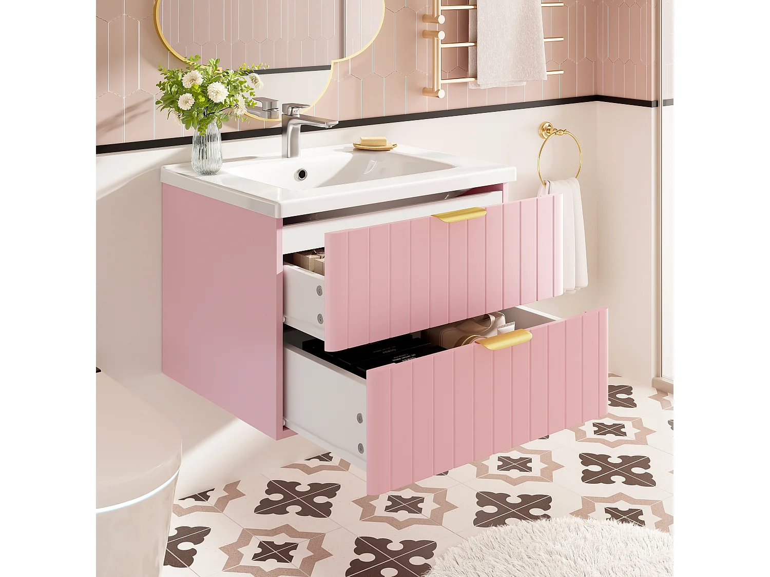 Mobile lavabo sospeso per bagno con lavabo in ceramica - 60,5 x 47,5 x 47 cm - con 2 cassetti - MDF - rosa