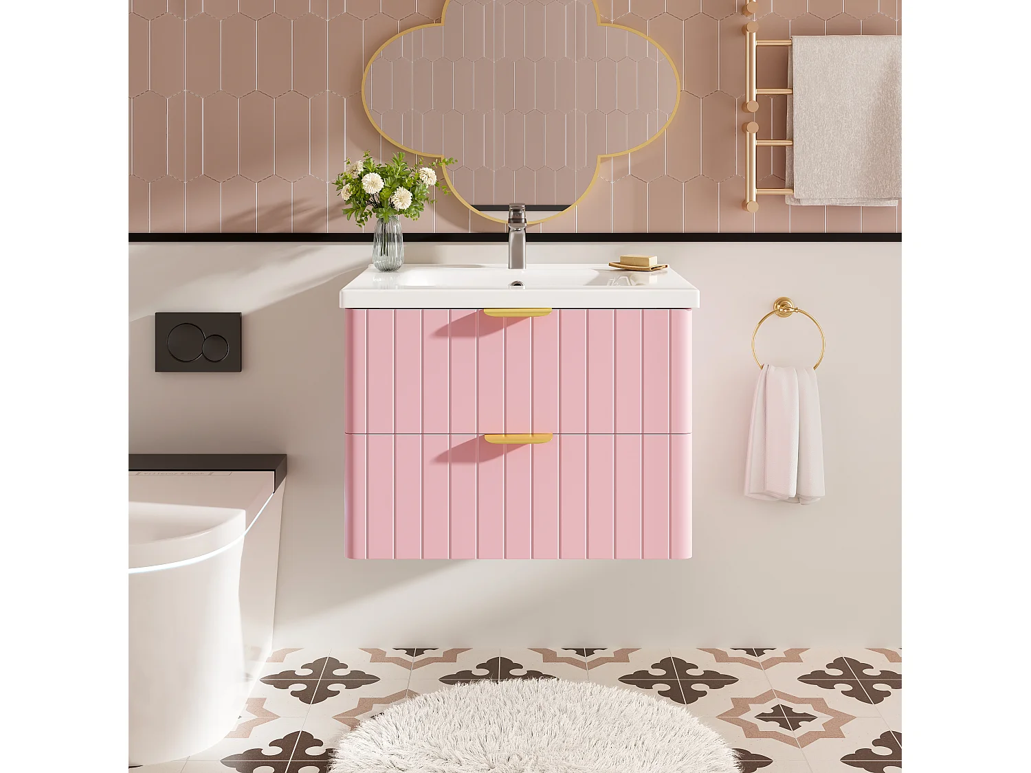Mobile lavabo sospeso per bagno con lavabo in ceramica - 60,5 x 47,5 x 47 cm - con 2 cassetti - MDF - rosa