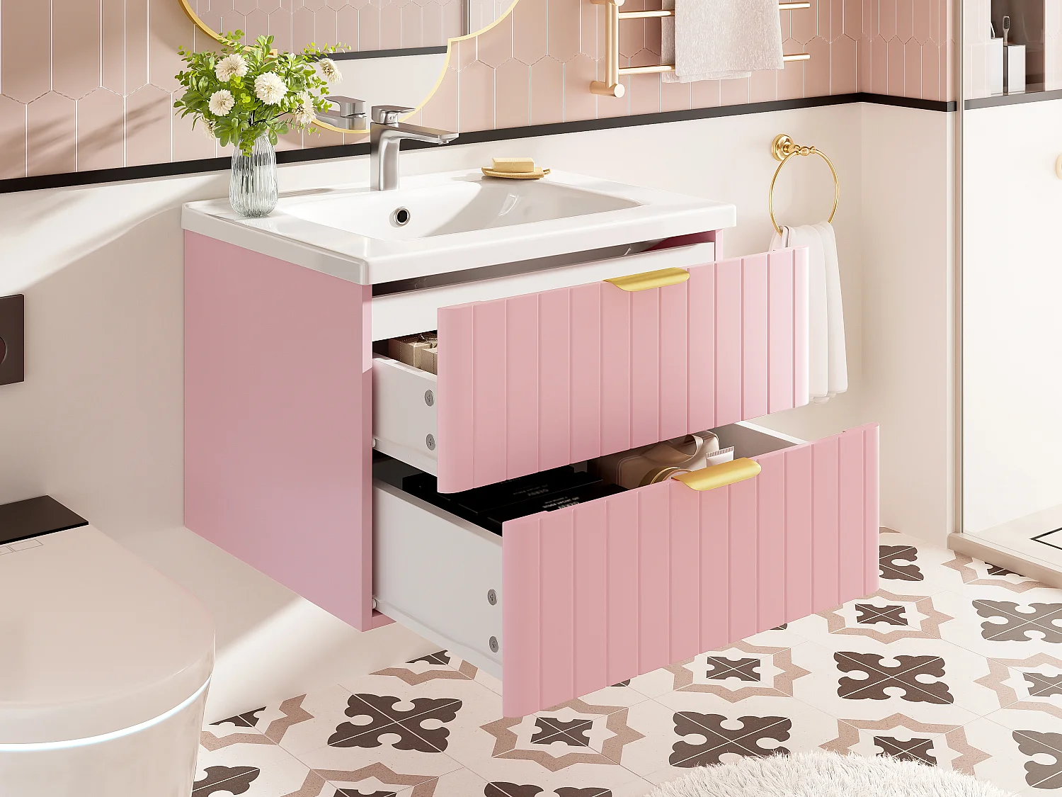 Mobile lavabo sospeso per bagno con lavabo in ceramica - 60,5 x 47,5 x 47 cm - con 2 cassetti - MDF - rosa
