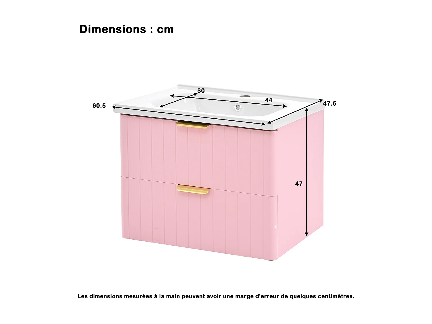 Mobile lavabo sospeso per bagno con lavabo in ceramica - 60,5 x 47,5 x 47 cm - con 2 cassetti - MDF - rosa