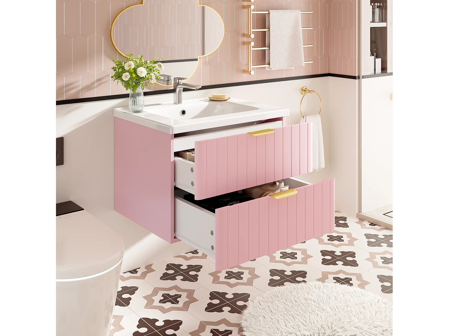 Mobile lavabo sospeso per bagno con lavabo in ceramica - 60,5 x 47,5 x 47 cm - con 2 cassetti - MDF - rosa