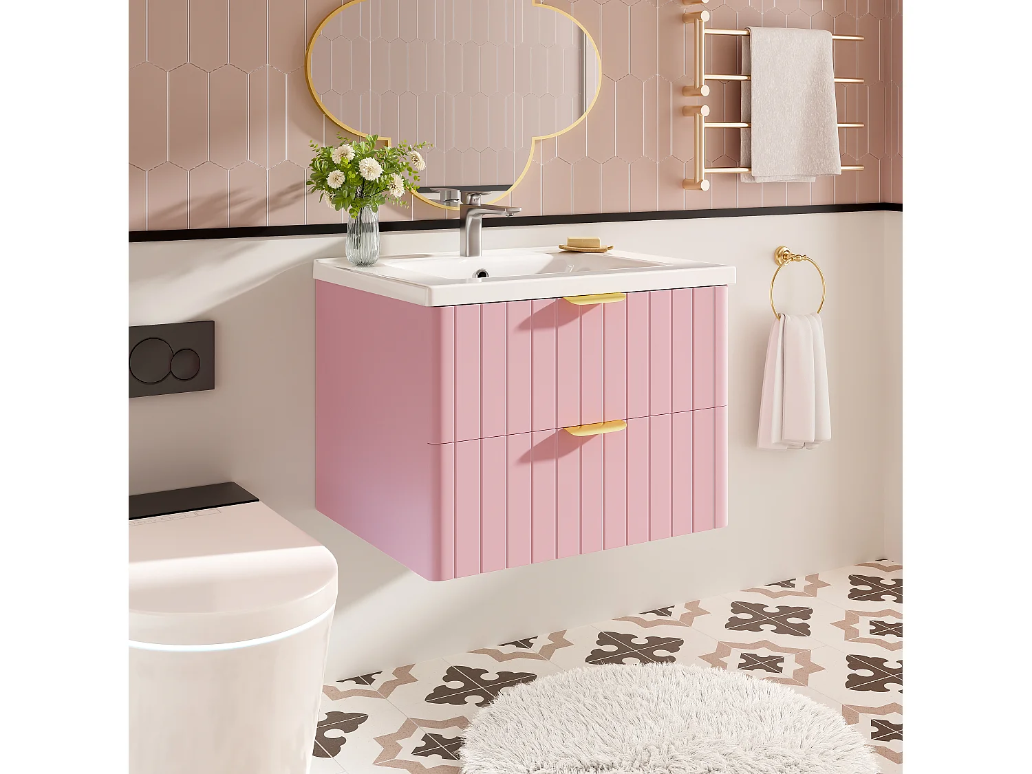 Mobile lavabo sospeso per bagno con lavabo in ceramica - 60,5 x 47,5 x 47 cm - con 2 cassetti - MDF - rosa