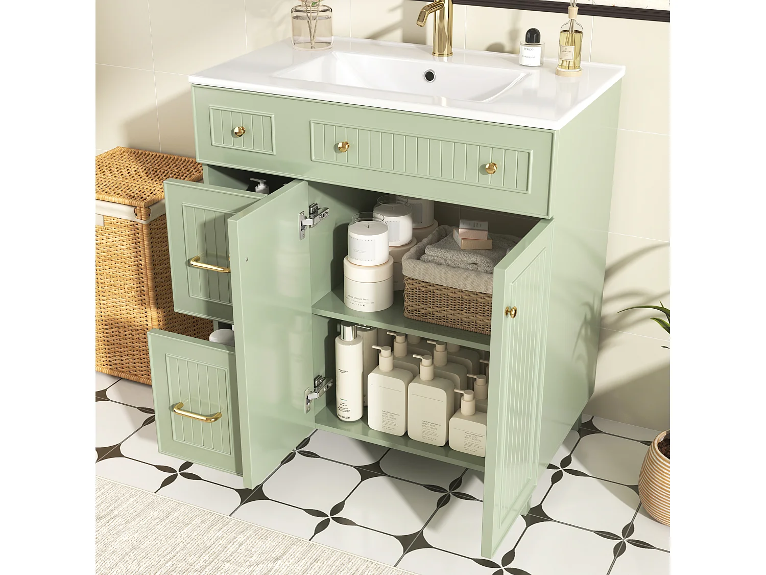 Badezimmer-Waschtisch mit Keramikwaschbecken – 81,7 x 46,8 x 90 cm – mit 2 Schubladen und 2 Türen – MDF – grün