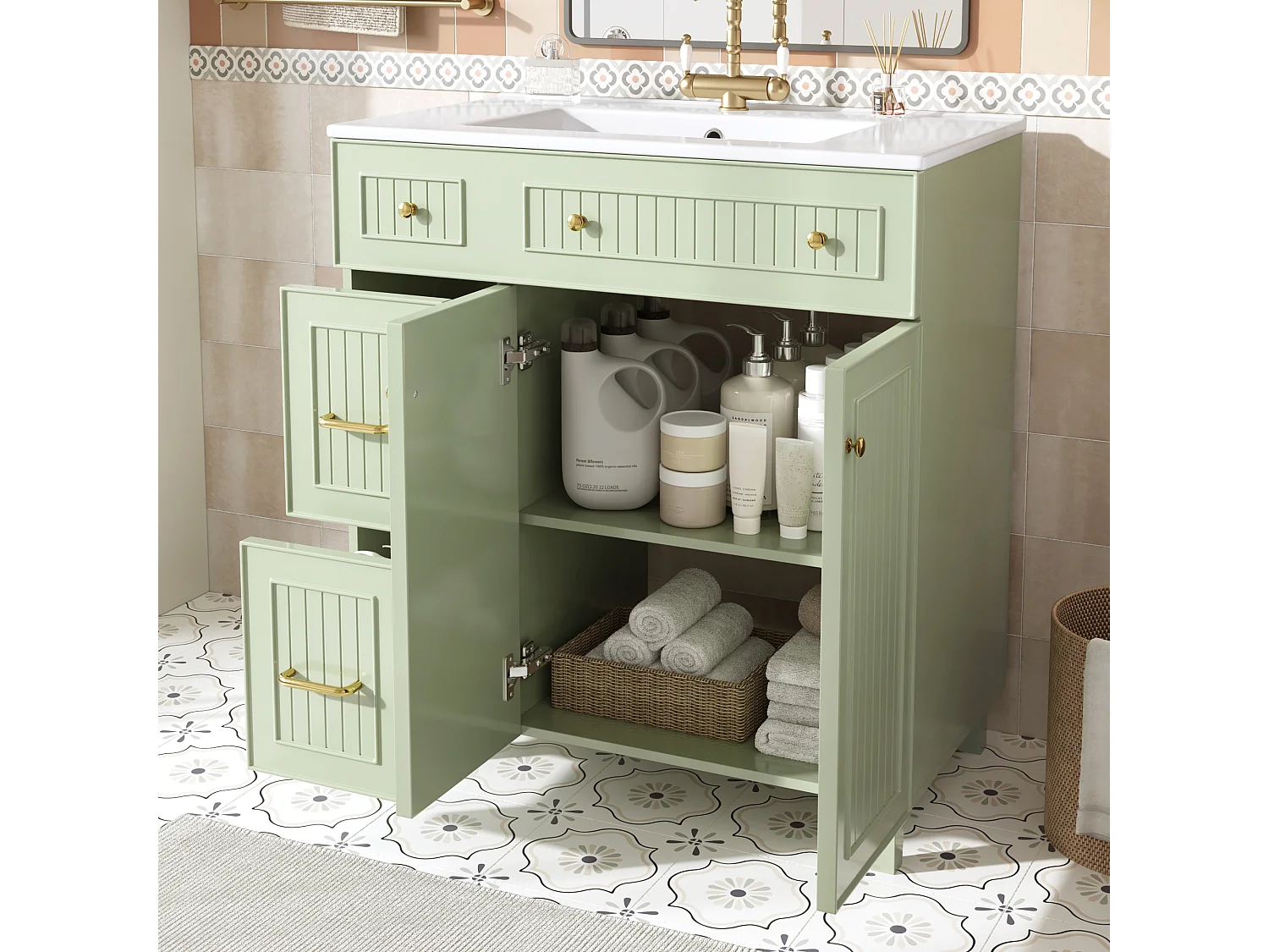 Badezimmer-Waschtisch mit Keramikwaschbecken – 81,7 x 46,8 x 90 cm – mit 2 Schubladen und 2 Türen – MDF – grün