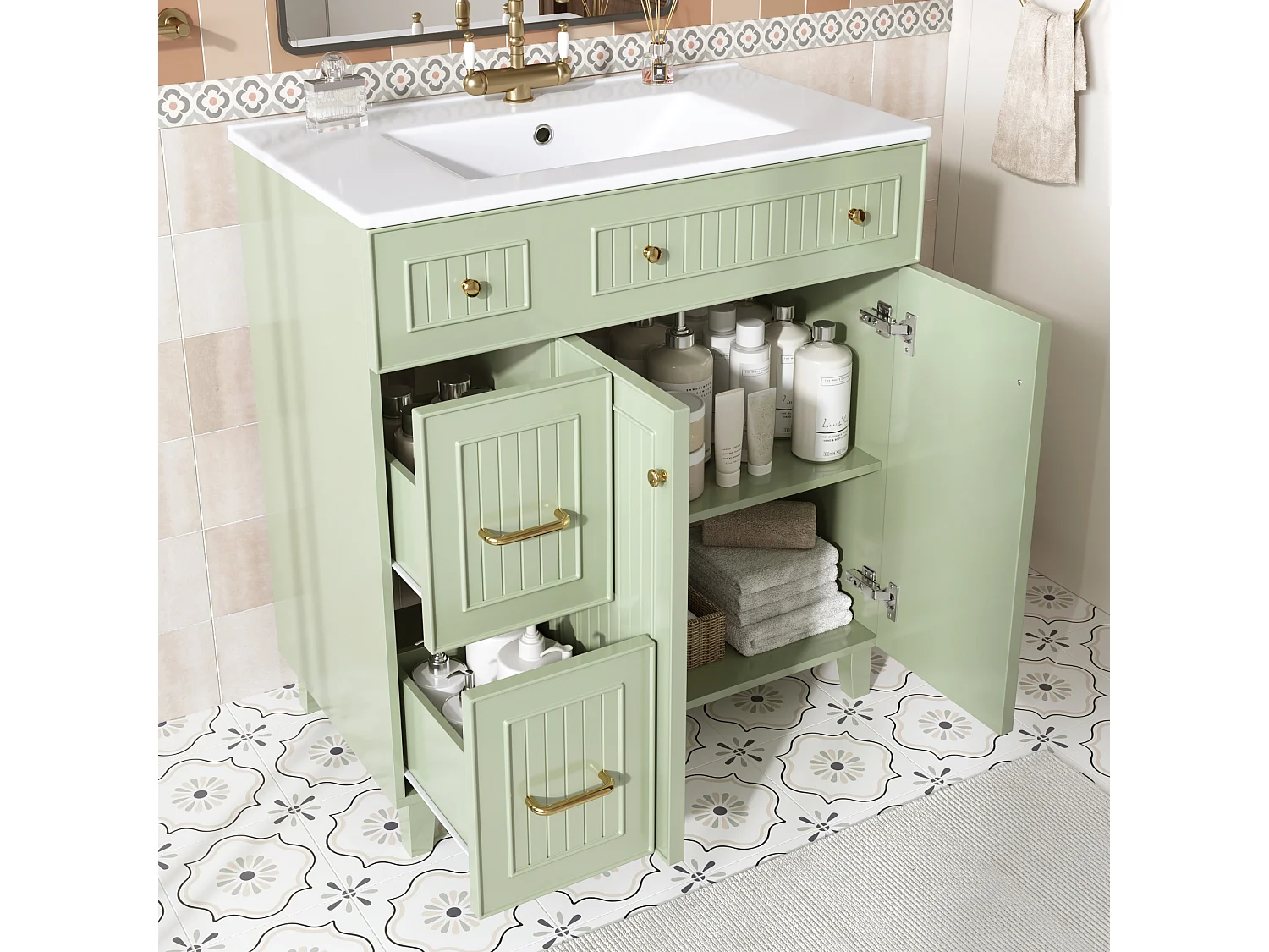 Badezimmer-Waschtisch mit Keramikwaschbecken – 81,7 x 46,8 x 90 cm – mit 2 Schubladen und 2 Türen – MDF – grün