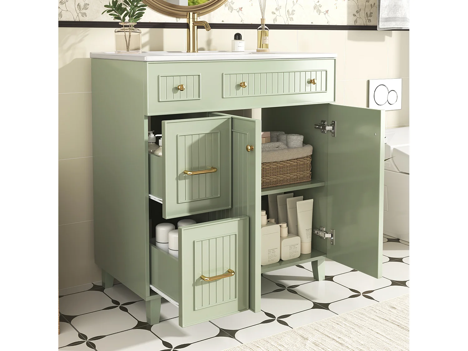 Badezimmer-Waschtisch mit Keramikwaschbecken – 81,7 x 46,8 x 90 cm – mit 2 Schubladen und 2 Türen – MDF – grün