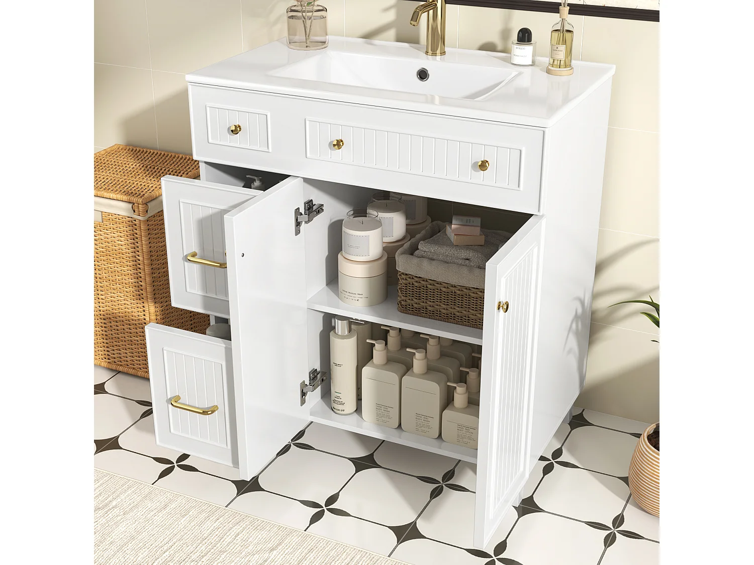 Mueble de baño con lavabo de cerámica - 81,7 x 46,8 x 90 cm - con 2 cajones + 2 puertas - MDF - blanco