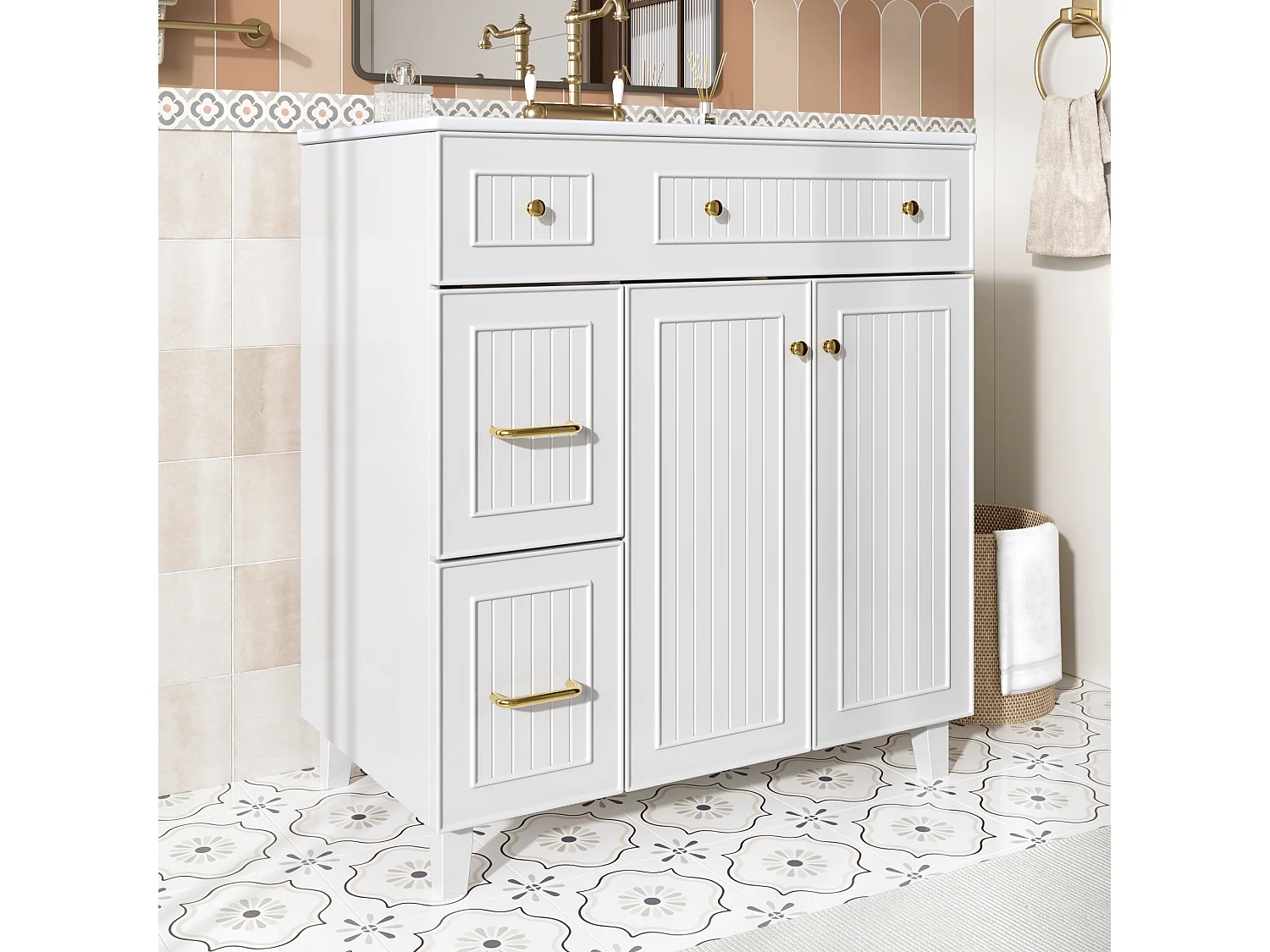 Mueble de baño con lavabo de cerámica - 81,7 x 46,8 x 90 cm - con 2 cajones + 2 puertas - MDF - blanco