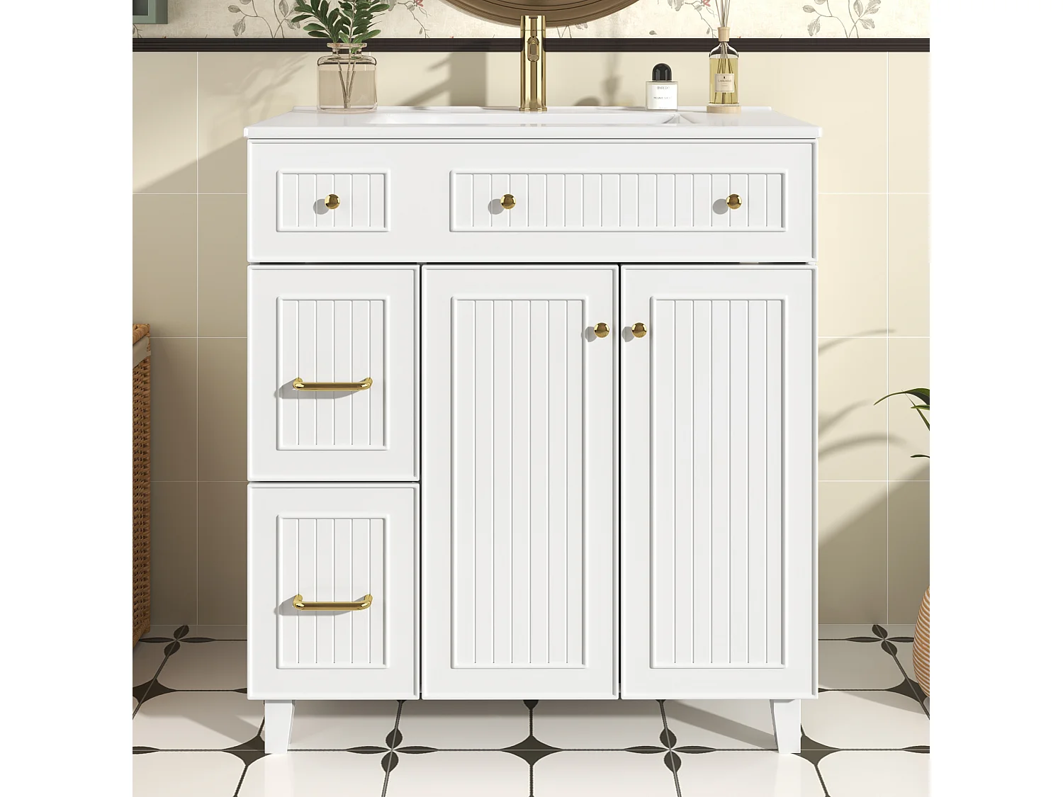 Mueble de baño con lavabo de cerámica - 81,7 x 46,8 x 90 cm - con 2 cajones + 2 puertas - MDF - blanco