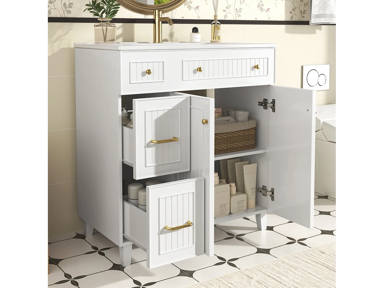 Mobile lavabo da bagno con lavabo in ceramica - 81,7 x 46,8 x 90 cm - con 2 cassetti + 2 ante - MDF - bianco