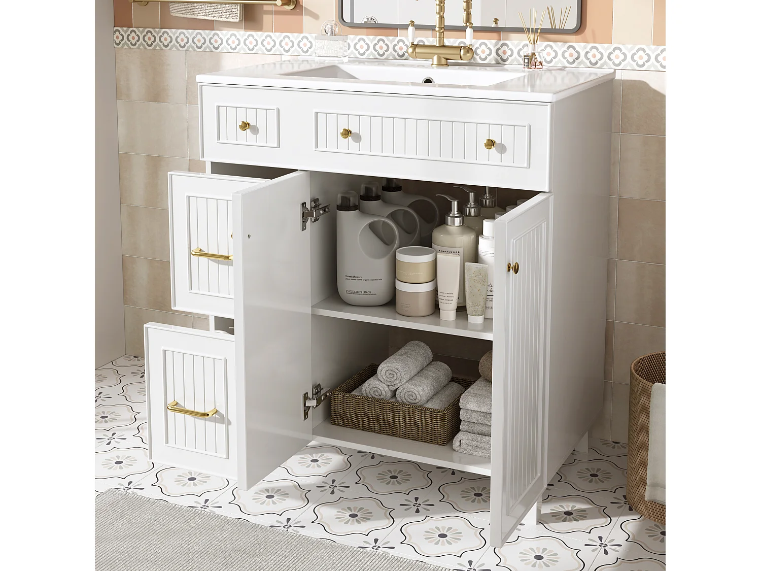 Mobile lavabo da bagno con lavabo in ceramica - 81,7 x 46,8 x 90 cm - con 2 cassetti + 2 ante - MDF - bianco