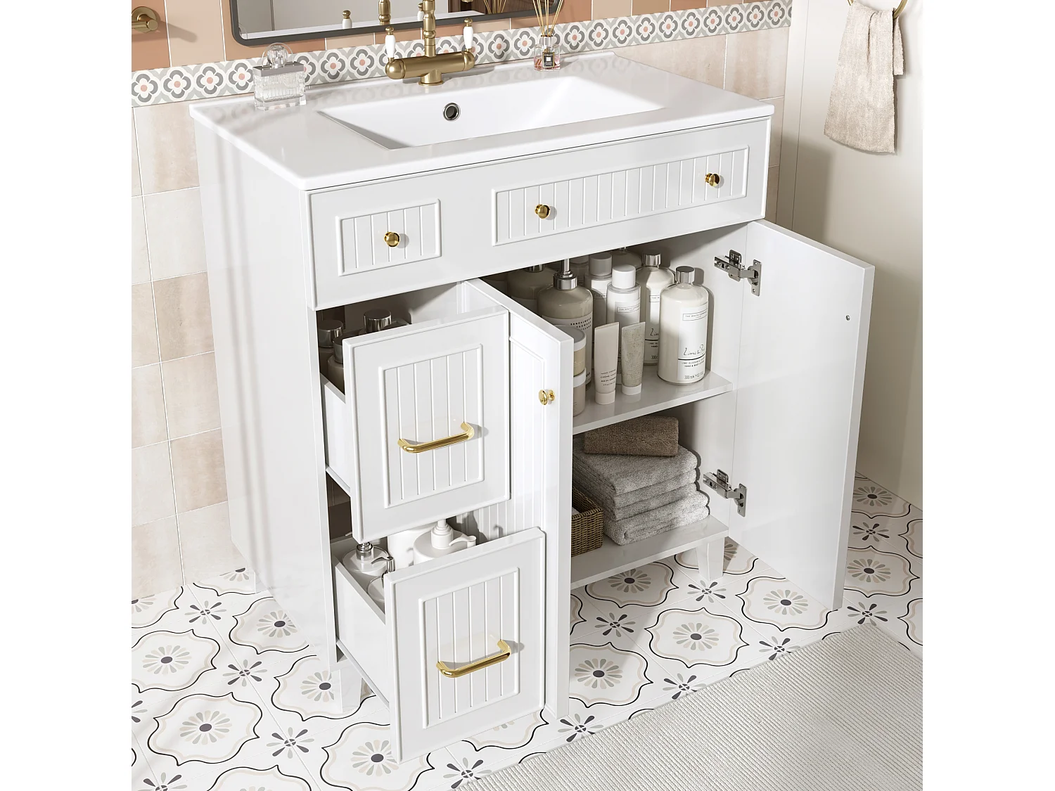 Mobile lavabo da bagno con lavabo in ceramica - 81,7 x 46,8 x 90 cm - con 2 cassetti + 2 ante - MDF - bianco