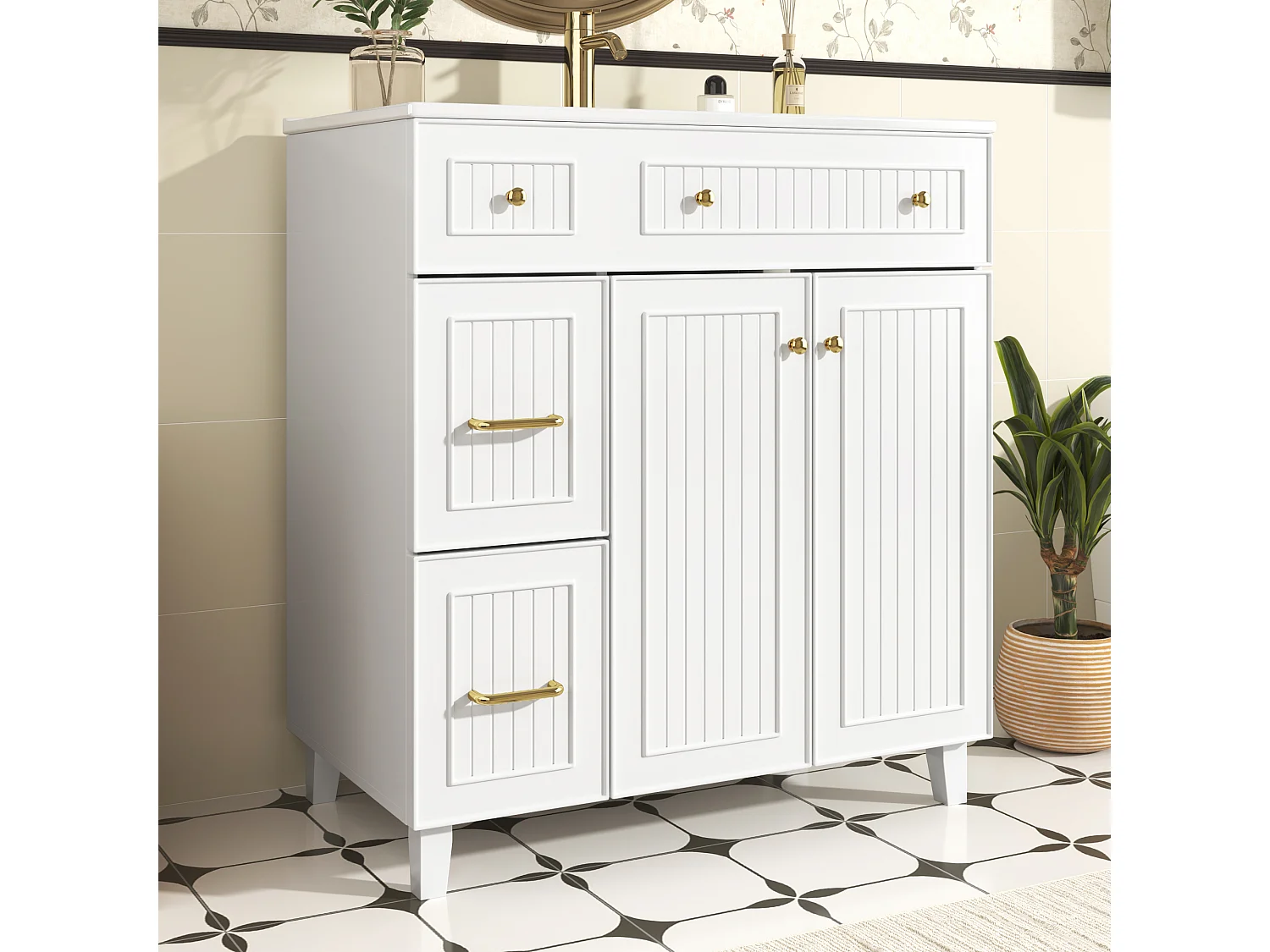 Mobile lavabo da bagno con lavabo in ceramica - 81,7 x 46,8 x 90 cm - con 2 cassetti + 2 ante - MDF - bianco