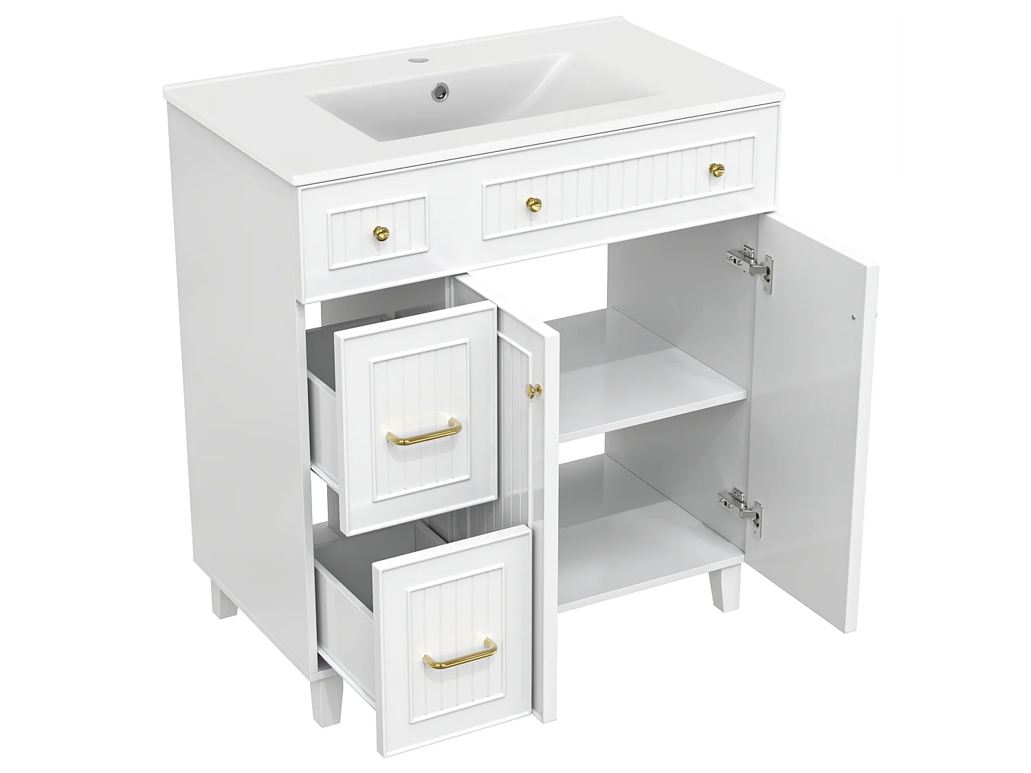 Mobile lavabo da bagno con lavabo in ceramica - 81,7 x 46,8 x 90 cm - con 2 cassetti + 2 ante - MDF - bianco