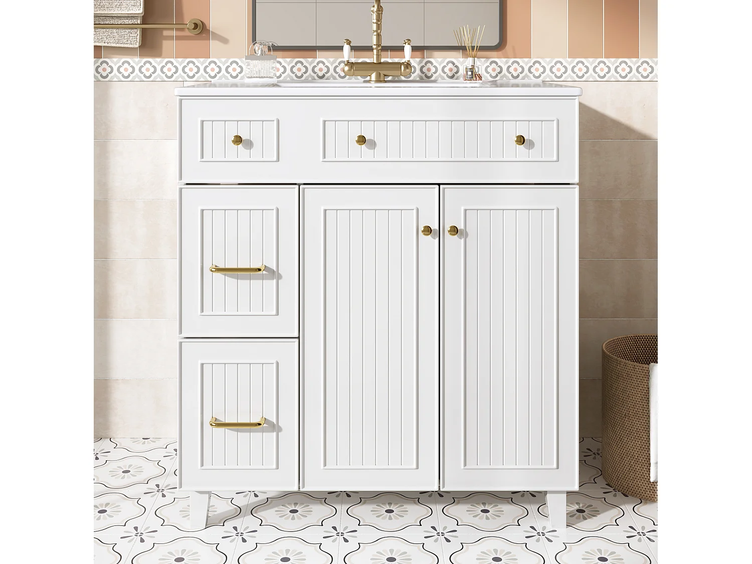 Mobile lavabo da bagno con lavabo in ceramica - 81,7 x 46,8 x 90 cm - con 2 cassetti + 2 ante - MDF - bianco