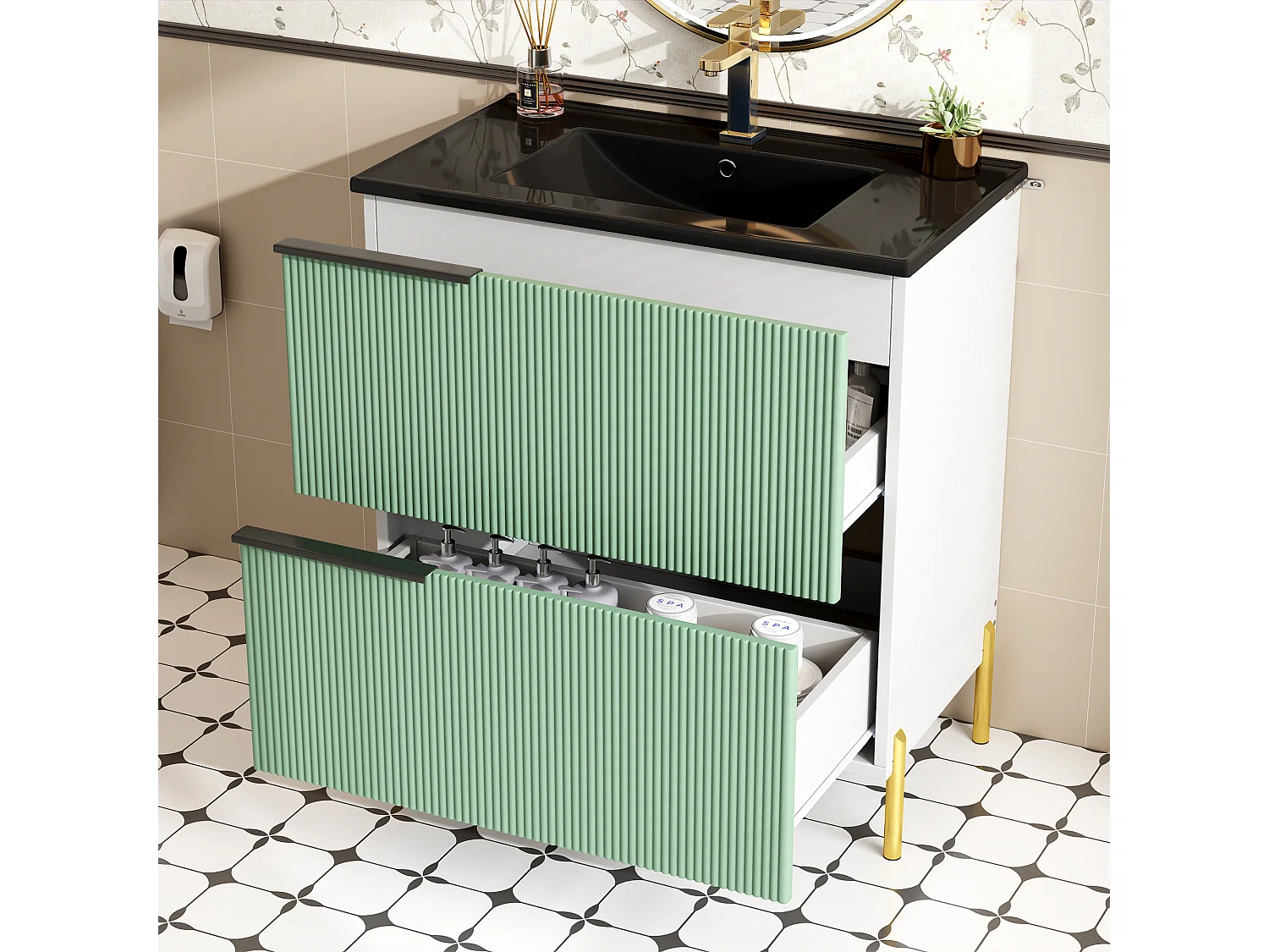 Badezimmer-Waschtisch mit Keramikwaschbecken – 81,5 x 47 x 90 cm – mit 2 Schubladen – MDF – grün