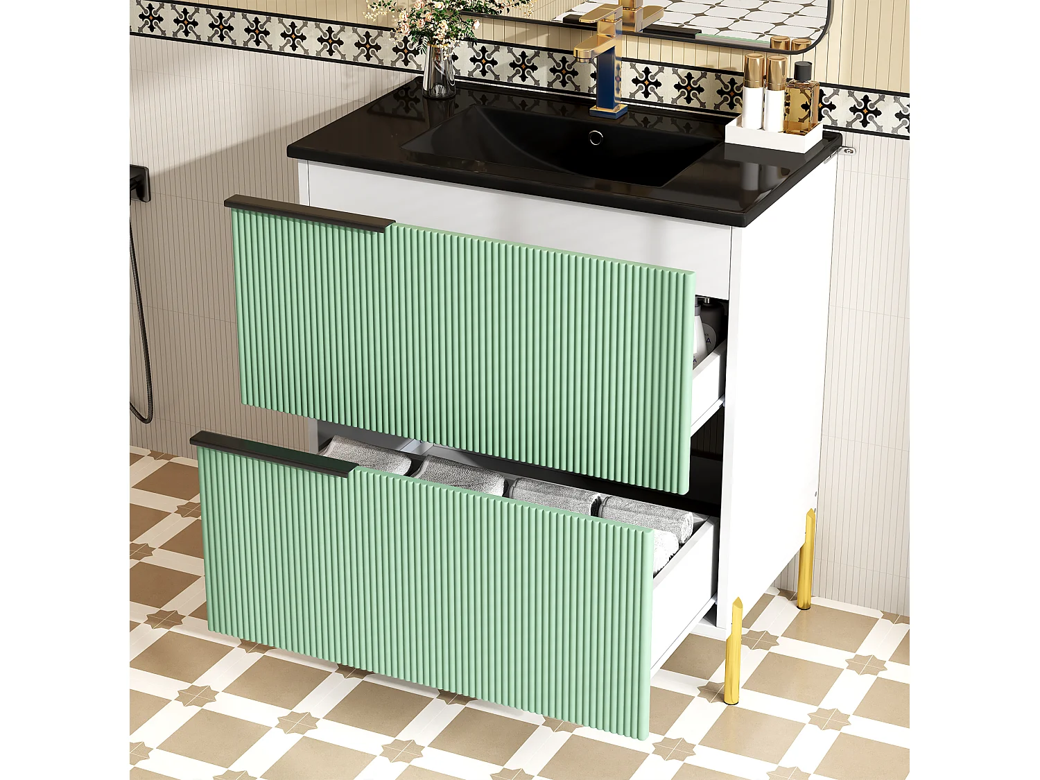 Badezimmer-Waschtisch mit Keramikwaschbecken – 81,5 x 47 x 90 cm – mit 2 Schubladen – MDF – grün