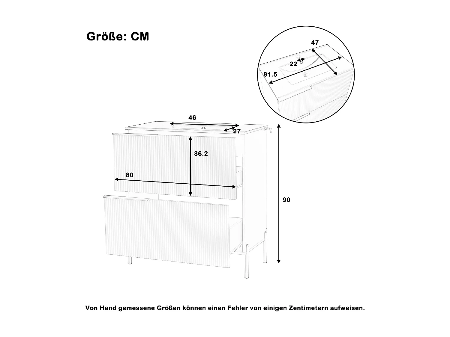 Badezimmer-Waschtisch mit Keramikwaschbecken – 81,5 x 47 x 90 cm – mit 2 Schubladen – MDF – grün