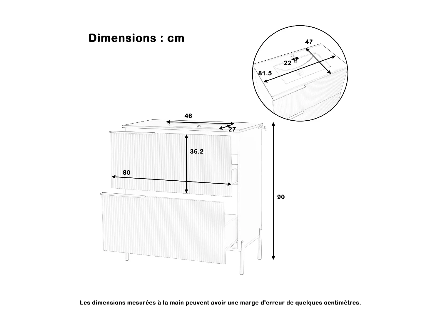 Badezimmer-Waschtisch mit Keramikwaschbecken – 81,5 x 47 x 90 cm – mit 2 Schubladen – MDF – grün